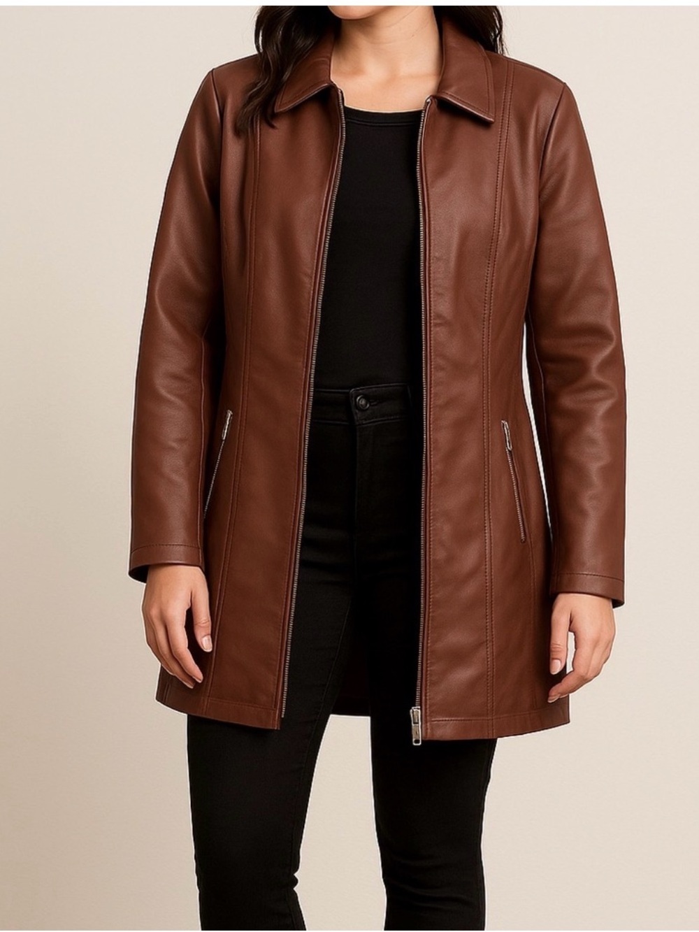 Baccini Brown Faux Leather Jacket with a full Zip and Zippered Pockets